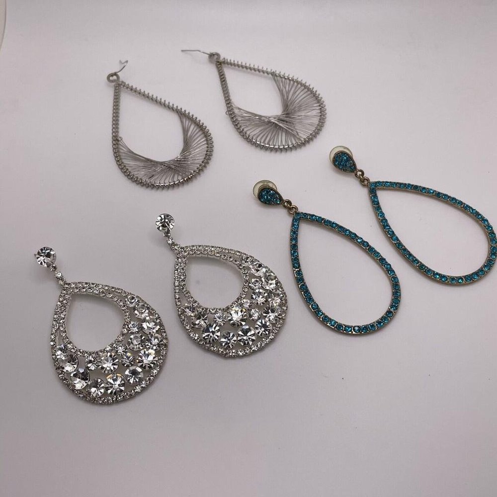 Lot Of 3 Large Statement Costume Earrings Pierced Dangle Metal / Some Rhinestone